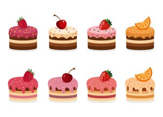A set of mini cakes. Sweet dessert. Layered fruit cake. Vector illustration isolated on white background	