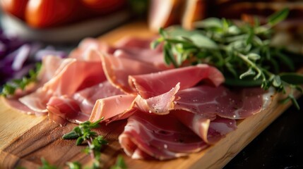 Close-up of thinly sliced prosciutto on a wooden board, garnished with fresh herbs and vegetables in the background.