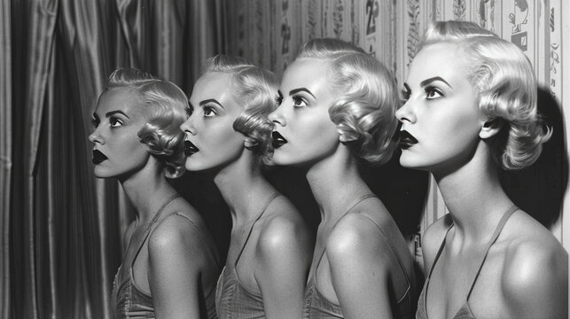 A woman with a pixie cut gazes nostalgically at old photos of women's hairdos in the USA, captured by ThatOtherGuy's camera.