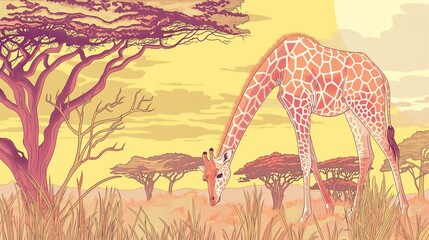 A giraffe with a long neck browsing in a savanna landscape with acacia trees and a sunset sky.