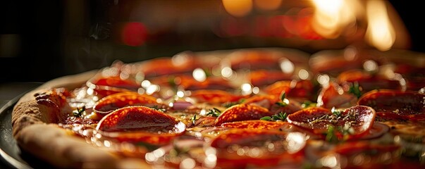 Tasty pepperoni pizza with melted cheese, baked to perfection in a wood-fired oven, enticingly close-up with a warm, inviting glow in the background.