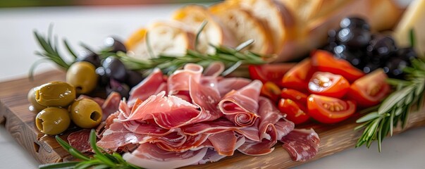 Charcuterie board with prosciutto, olives, tomatoes, and bread garnished with rosemary, perfect for appetizers or gourmet gatherings.