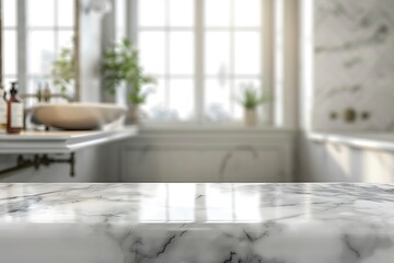 Empty marble table top with blurred bathroom interior background