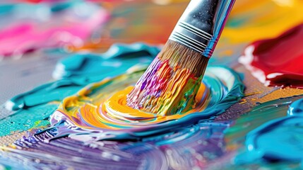 Fototapeta premium Colorful Paintbrush A close-up of a colorful paintbrush mixing vibrant paints on a palette, creating a splash of colors Ideal for art and creative concepts