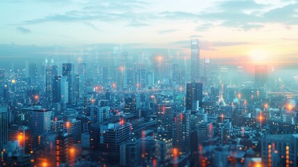 Fototapeta premium Digital Twin Cityscape A virtual replica of a bustling cityscape, highlighting advanced urban planning concepts and smart infrastructure, perfect for visualizing digital twin technology in urban deve