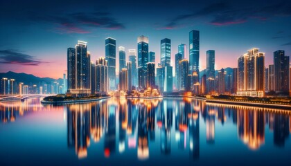 Obraz premium A high-resolution image of a modern city skyline at dusk, with skyscrapers illuminated against a twilight sky, reflecting in a calm river or bay. 