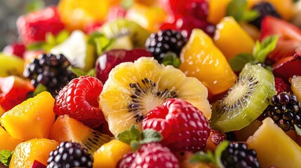 Obraz premium Fresh Fruit Salad A colorful and refreshing close-up of a fresh fruit salad