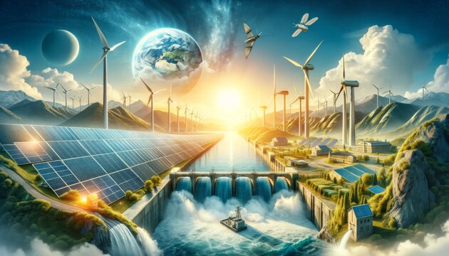 A composite image of various renewable energy sources such as solar panels, wind turbines, and hydroelectric dams. 