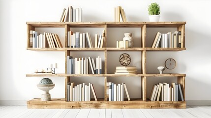 Wooden Bookshelf With Books and Decorative Items Displayed in Organized Manner