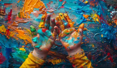 Obraz premium Vibrant Messy Hand Painting - Child's Creative Art Exploration - Colorful Abstract Expressionism