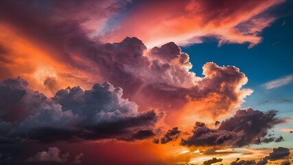 Naklejka premium A colorful, beautiful sunset sky filled with vibrant hues of pink, orange, and red creates the illusion of animals in the clouds. Generative AI