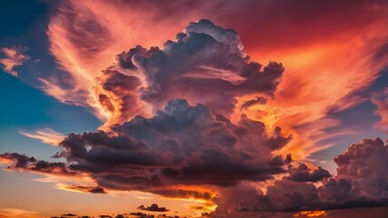 Fototapeta premium A colorful, beautiful sunset sky filled with vibrant hues of pink, orange, and red creates the illusion of animals in the clouds. Generative AI