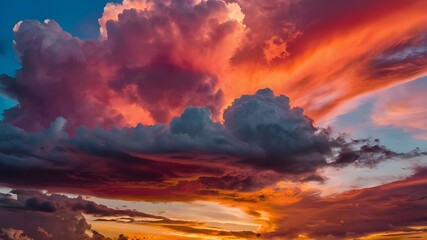 Fototapeta premium A colorful, beautiful sunset sky filled with vibrant hues of pink, orange, and red creates the illusion of animals in the clouds. Generative AI