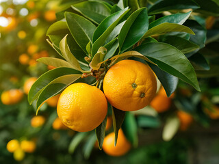 Orange trees with ripe fruits and orange garden views. Ai generative