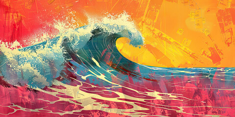 Discount Wave: Abstract wave patterns with sale tags cresting and crashing onto a sale beach.