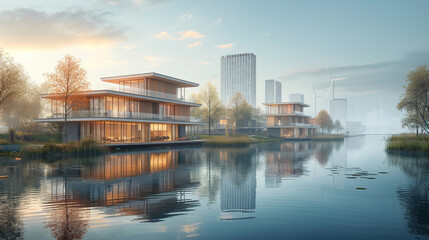 A city with a river and houses on the banks