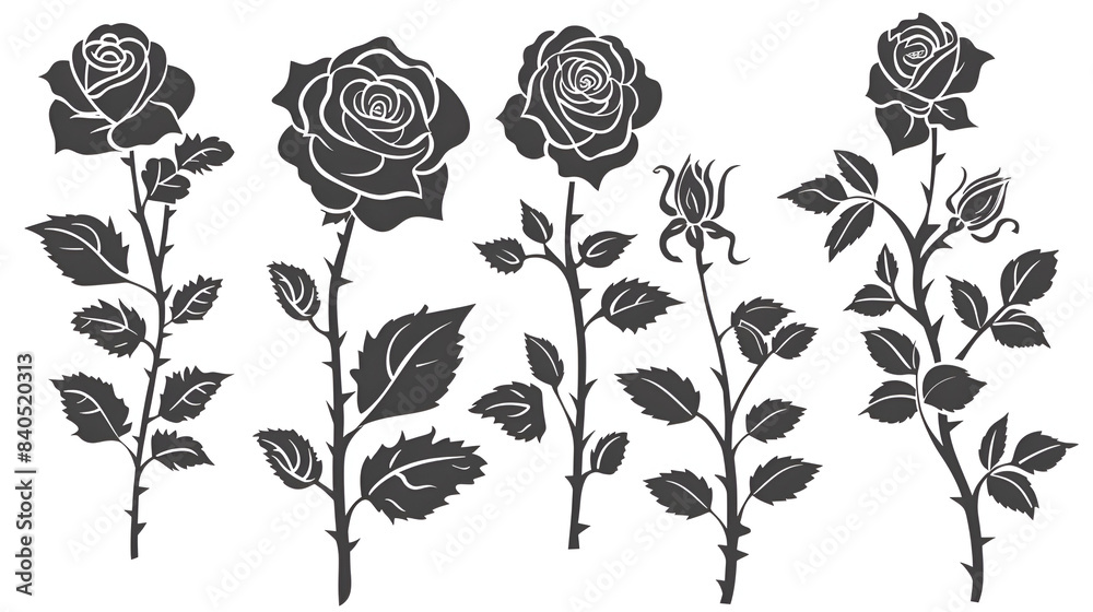 Wall mural set of decorative rose with leaves. flower silhoutte, generative ai - Wall murals