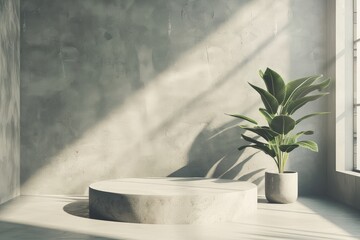 A concrete podium in a room with a plant nearby, natural light from a window, concept for product display