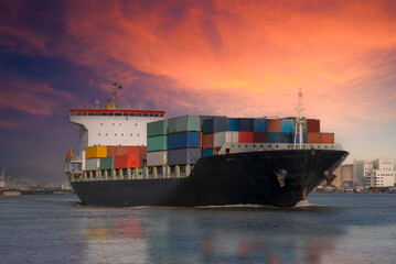 Naklejka premium Logistics and container loading by large barges by sea in a harbor full of containers waiting to be transported