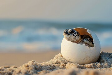 Obraz premium Newborn Sea Turtle Hatching from Egg on Sandy Beach with Ocean in Background. Ocean day, Summer Concept.