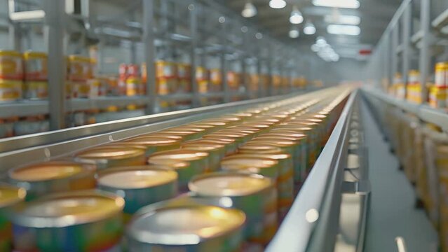 Canned products for food on conveyor belt in distribution warehouse, parcels transportation system, equipment, manufacture, factory, industrial, machine, production, retort, business