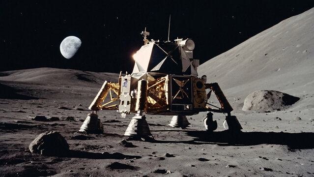 Moon landing that features an astronaut standing on the lunar surface. Show the Apollo 11&rsquo;s Eagle module.