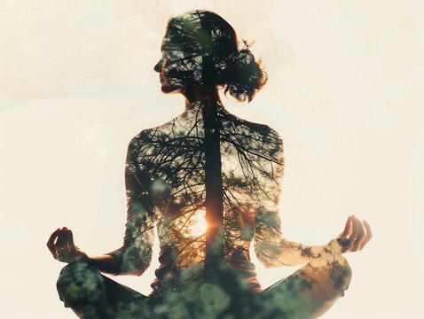 Double exposure of a woman meditating and nature. Symbolizes inner peace, mindfulness, and connection with the environment.