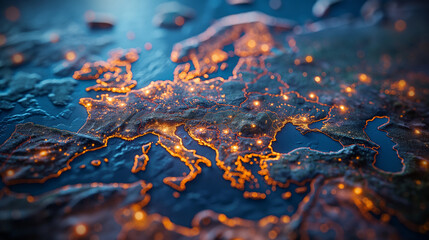 A map of Europe with glowing lights on it