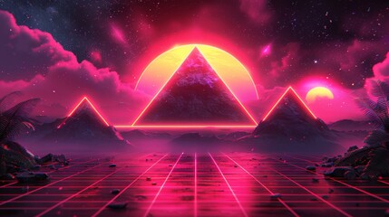 Digital retro landscape 1980's style retro wave sunset and mountain. Futuristic cyber surface. 80s Retro Sci-Fi background. View illustration in retro futuristic in the style of the 80-90s.