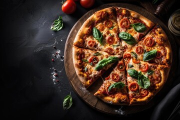 Delicious freshly baked pizza on wooden board topped with basil leaves and tomatoes on dark background. Perfect for food blogs and menus.