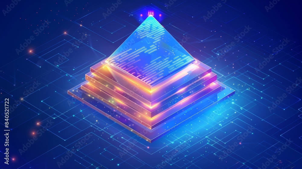 Poster a financial pyramid is built from numbers and blockchains. mining digital currency. background in bi