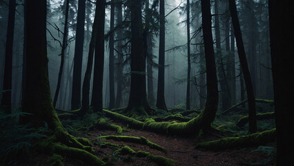 Fototapeta premium Image of a deep, dark forest with ancient, towering trees
