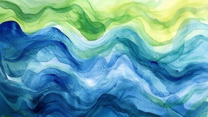An abstract watercolor with flowing, wavelike patterns in shades of blue and green