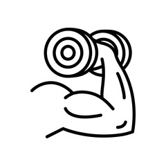 Muscle pump icon. Athlete bicep symbol. Hand with dumbbell illustration. Strength and power symbol. Training exercise vector sign.