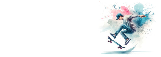 Fototapeta premium Illustration of a skateboarder in action on a colorful watercolor background. Sports concept, competition, healthy lifestyle. Suitable for sports events, skateboarding brands, and Olympic promotions. 
