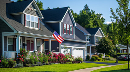 American flag proudly displayed on a suburban house,  independence day concept