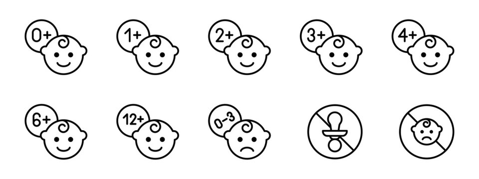 Babies plus age icon set. Baby friendly vector illustration. Suitable for children sign. Age restriction limit sign. Approved for kids label for instructions. Months for baby symbols.