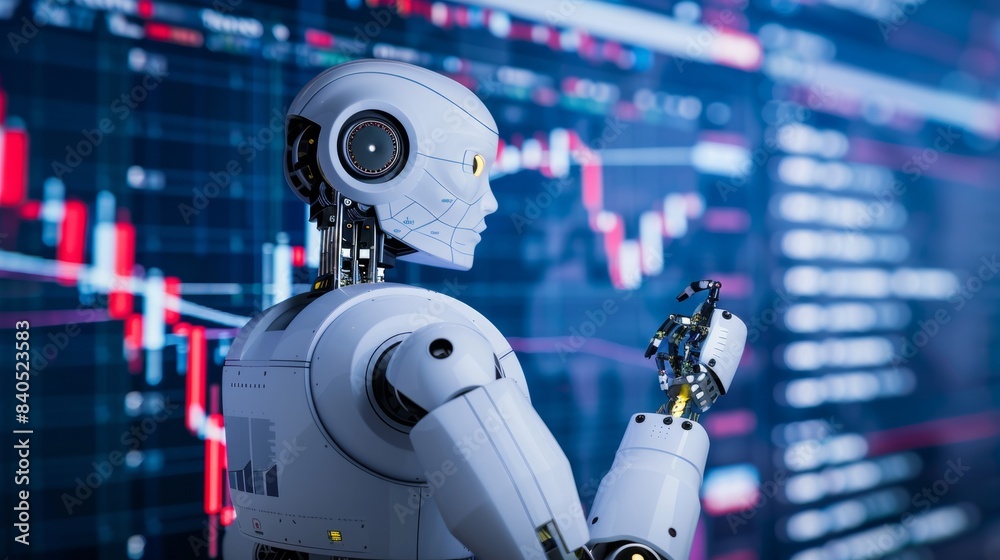 Poster cyborg trader trading on stock market using financial data from business charts. artificial intellig