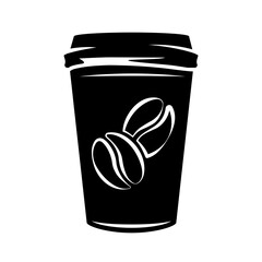 Coffee vector illustration with beans printed on paper cup. Cafes creative logo or emblem. Coffee beans on the mug black vintage art. Hot drink symbol for menu or banner. Cappuccino poser.
