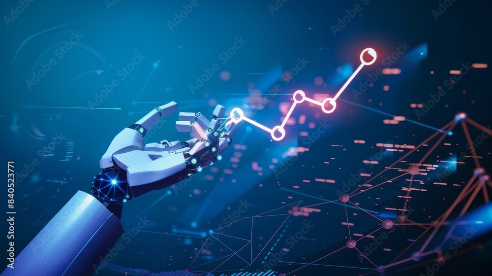 Poster a robotic hand taps on a chart of forex stock exchange trading data. using artificial intelligence, 