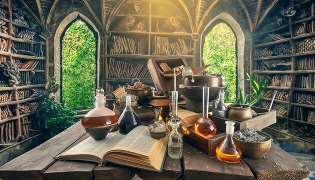 Medieval alchemist's workshop filled with ancient books, potions, and a bubbling cauldron at the center. Wooden shelves and tables are lined with various alchemical tools and ingredients. 