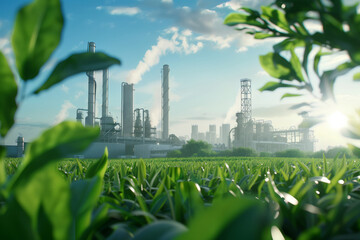 A green energy factory with gas tanks and chimneys emitting smoke, surrounded by lush greenery under a blue sky. Shallow depth of field