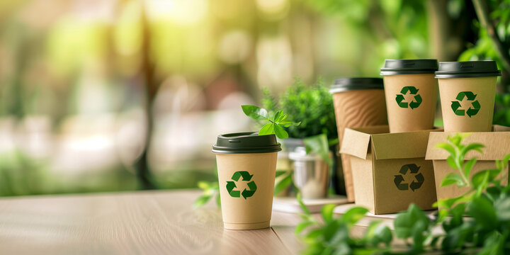 Close up of eco-friendly paper coffee cups with green recycling symbols, on an wooden table with copy space surrounded by greenery. Shallow depth of field