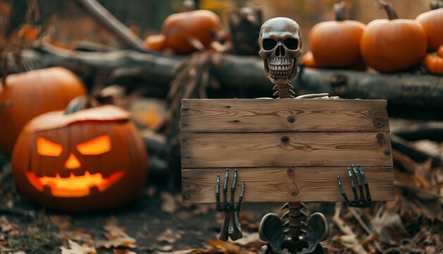 Grim Guardian: Skeleton Sentinel in the Spooky Forest with Pumpkins,  Wooden Board, Scary