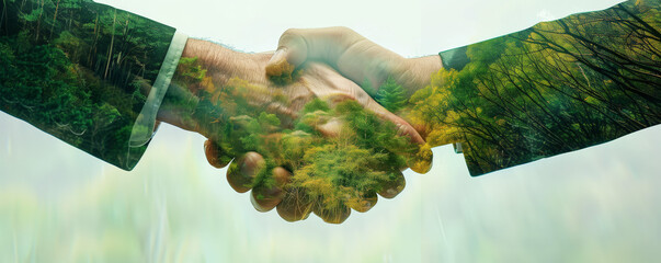 A double exposure image depicting a handshake overlaid with a lush green forest, symbolizing the union between business and nature in promoting sustainable practices.