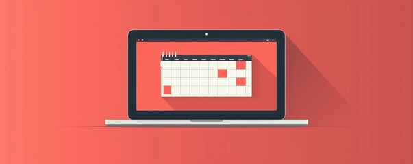 A flat laptop with a calendar on the screen in the upperleft third against a solid background