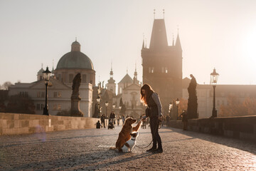 A woman and her dogs share a moment in the golden sunrise on Charles Bridge, Prague. They stand...