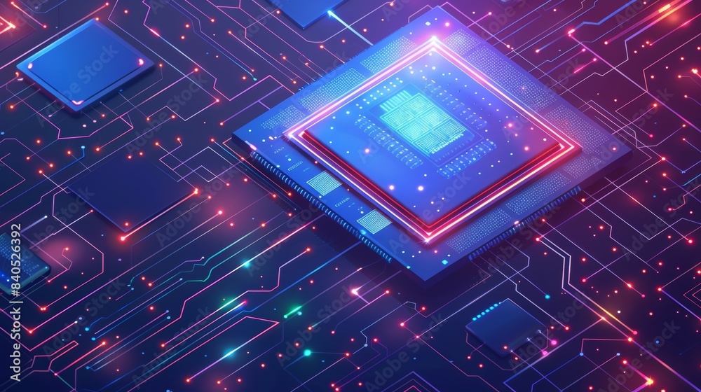 Poster a digital chip computer processor and electronic components on a board or motherboard. technology de