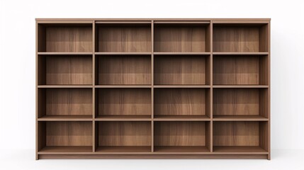 Large empty wooden bookshelf with multiple compartments. Perfect for home or office storage, organization, and display.