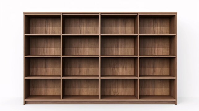 Large empty wooden bookshelf with multiple compartments. Perfect for home or office storage, organization, and display.